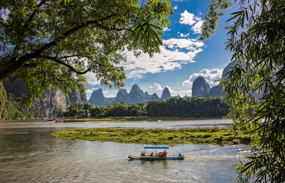  The landscape at the Li River near Yangshou near the city of Guilin in the Province of Guangxi in china in east asia.