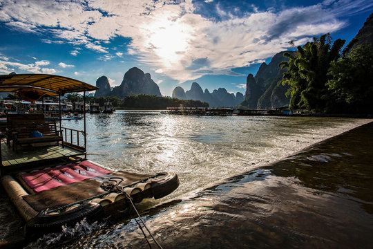  The landscape at the Li River near Yangshou near the city of Guilin in the Province of Guangxi in china in east asia.