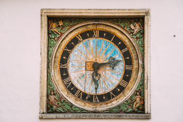 Fototapeta na wymiar Tallinn, Estonia. Clock On Church Of Holy Ghost Or Holy Spirit. UNESCO Heritage Site