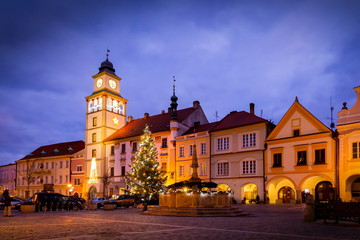 Christmas time on Masaryk square in the old town of Trebon, Czech Republic.