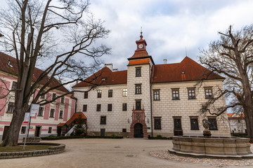 Courtyard of renaissance castle in Trebon. Trebon is a historical town in South Bohemian Region. Czech Republic.