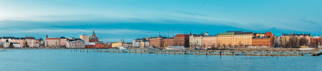 Fototapeta na wymiar Helsinki, Finland. Panoramic View Of Kanavaranta Street With Uspenski Cathedral And Pohjoisranta Street In Winter Morning. Helsinki Cityscape Skyline