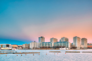 Helsinki, Finland. Multistorey Residential Houses In Merihaka District In Morning Sunrise Time