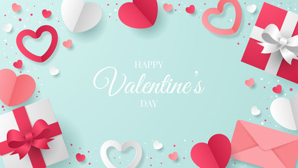 Fototapeta na wymiar Valentine's day greeting card with heart shape, envelope, and gift box. Paper cut style. Vector illustration.
