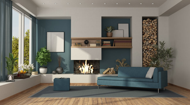 Blue and white living room with fireplace