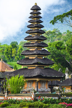 Close-up view of the Pura Ulun Danu Beratan, or Pura Bratan. The temple complex is located on the shores of Lake Bratan and is a major Hindu Shaivite water temple on Bali, Indonesia.