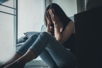 panic attacks alone young woman sad fear stressful depressed emotion.crying begging help.stop abusing domestic violence,person with health anxiety,people bad frustrated exhausted feeling down - obrazy, fototapety, plakaty