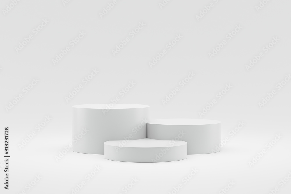 Poster Empty podium or pedestal display on white background with cylinder stand concept. Blank product shelf standing backdrop. 3D rendering.