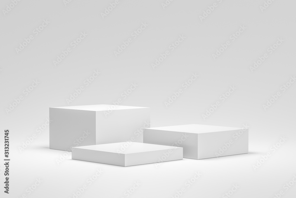 Poster Empty podium or pedestal display on white background with box stand concept. Blank product shelf standing backdrop. 3D rendering.