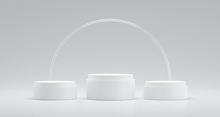 Winner podium or pedestal display on white background with circle glass ring and success concept....