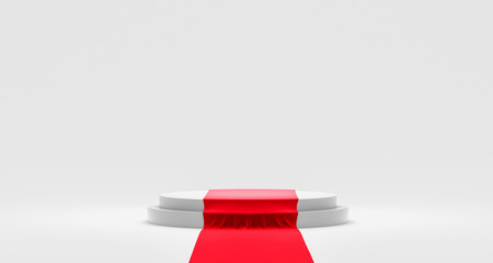 Empty podium or pedestal display on white background with red carpet and exclusive concept. Blank...