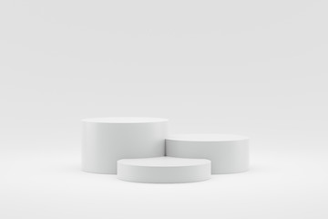 Empty podium or pedestal display on white background with cylinder stand concept. Blank product shelf standing backdrop. 3D rendering. - obrazy, fototapety, plakaty