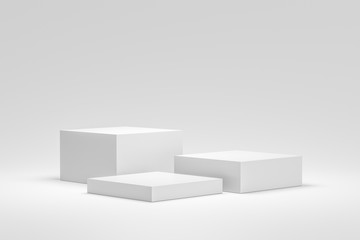 Empty podium or pedestal display on white background with box stand concept. Blank product shelf standing backdrop. 3D rendering. - obrazy, fototapety, plakaty