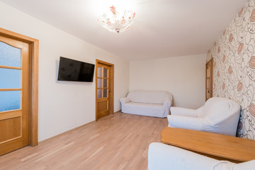 Russia, Moscow- August 25, 2019: interior room apartment modern bright cozy atmosphere. general cleaning, home decoration, preparation of house for sale