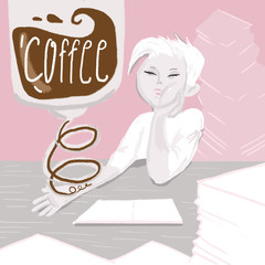 raster colorful illustration in modern trendy technique of a young sleepy woman taking her portion of coffee through veins. Lots of documentary around her