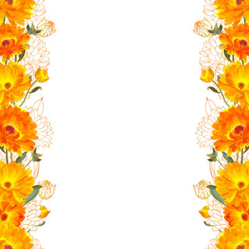 Vector floral frame of yellow, orange flowers calendula and green leaves on white background.Copy space.Hand drawn. For design cosmetic products, greeting cards, wedding invitations.Stock illustration