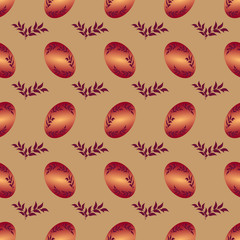 Easter holiday seamless pattern. Holiday gift wrapping paper, tablecloth, kitchen towel, fabric, shiny colored eggs, elegant stylish elegant beautiful drawings of gold bronze color, beige background
