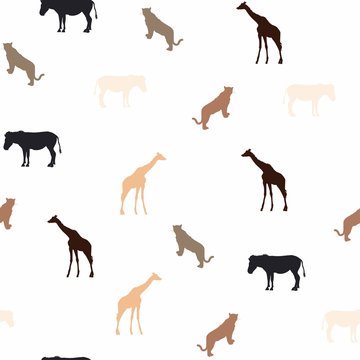 Giraffe, leopard and zebra on the white background. Seamless pattern with safari animals  silhouette. Vintage colors illustration.
