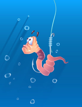 Cartoon worm on a fish hook under water with air bubbles over blue background, fishing live bait with worm as lure in river, sea. Vector illustration.