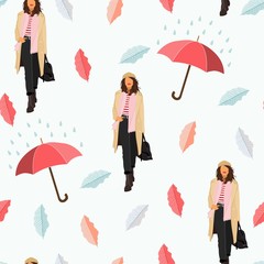 Rain -walking girl seamless pattern -modern flat concept illustration of woman with umbrella, walking or standing in the rain.