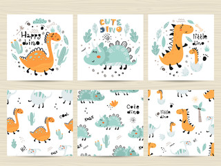 Set of posters and seamless patterns with cute dinosaurs and letterings.