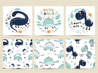 Set of posters and seamless patterns with cute dinosaurs and letterings.
