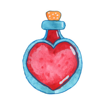 red isolated magic potion bottle. Hand drawn watercolor alchemy. Occultism and witchcraft drink. Love elixir chemistry. Aura testing