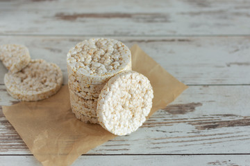 Healthy puffed rice waffles for diet. Rice cakes as a healthy eating concept.