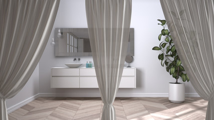 White openings curtains overlay modern bathroom with washbasin and mirror interior design, clipping path, vertical folds, soft tulle textile texture, stage concept with copy space