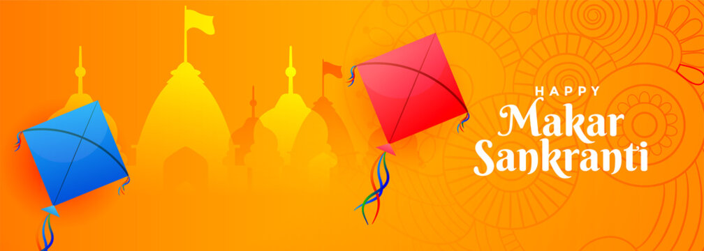 hindu makar sankranti festival banner with kite and temple