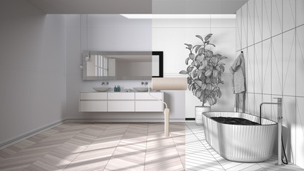 Paint roller painting interior design blueprint sketch background while the space becomes real showing modern bathroom, bathtub. Before and after concept, architect designer creative