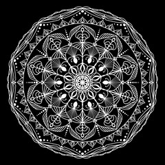 White mandala isolated on Black. Hand drawn circular decorative element.
