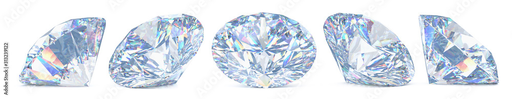 Fototapete Set of cut diamonds with shadow and glowing lens flares. 3D rendering illustration of collection of sparkling light round brilliant diamonds isolated on white background