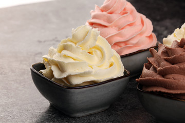 soft ice cream in flavor vanilla, chocolate and strawberry. Delicous creamy refreshing ice cream