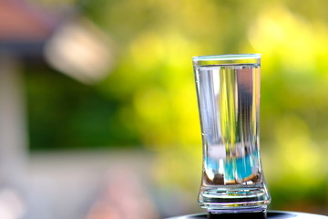 glass of water on green background