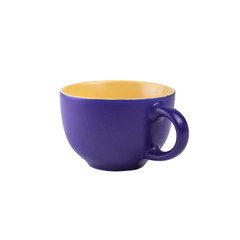 blue ceramic empty used cup yellow inside on white  background