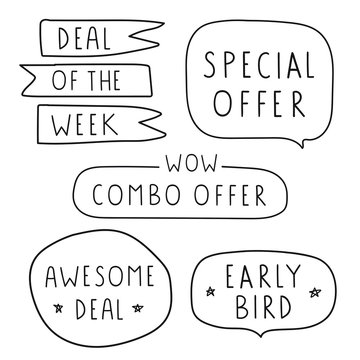 Deal Of The Week, Special Offer, Combo Offer, Awesome Deal, Early Bird.  Set Of Hand Drawn Badges. Vector Lettering Illustration On White Background.