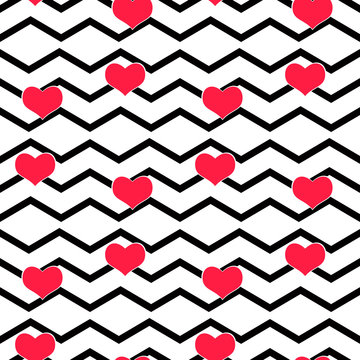 Seamless vector with abstract red hearts texture on black and white zigzag stripes