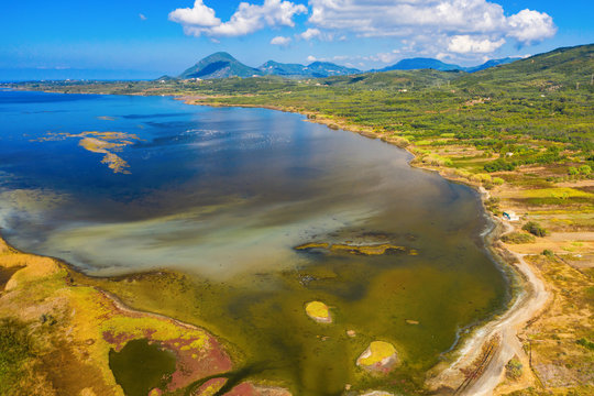 Aerial landscape of salt lake Korission in Greece