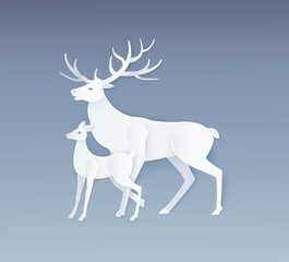 Deer and fawn with full side view. Card in flat style with white animals isolated on grey vector. Simple design of beasts, paper art and craft style