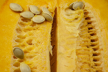 pulp organic orange pumpkin with seed close up