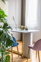 Velvet pastel pink and petrol blue chairs at small dining table in bright living room