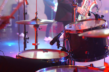 Music drums. Music arrangement at the stage.