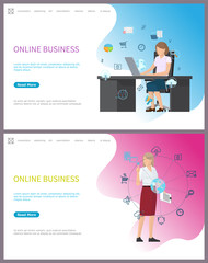 Online business boss leader in working place. Woman with icons of magnifying glass tool, charts and information in visual representation form. Website or webpage template, landing page in flat style