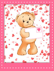 Teddy bear plush toy with love letter in envelope vector. Animal with romantic card for Valentines day, special holiday for romantic couples, framed