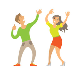 Partying couple, man and woman dancing on disco vector. Isolated clubbing pair, male and female enjoying party, dancing boyfriend and girlfriend in club