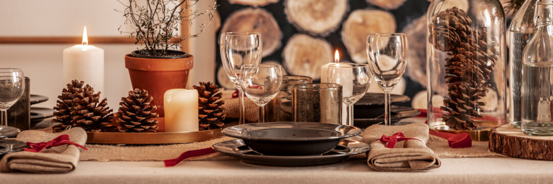 Close-up of table presenting natural Christmas decoration