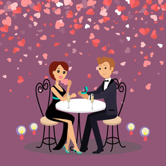Man proposal marriage with ring to woman. Couple in evening clothes sitting at table with champagne. Card decorated red hearts, romantic day vector