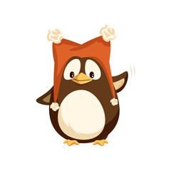 Cheerful standing penguin in funny hat with furry balls and waving hand. Animal in big red cap with pompons in flat style isolated on white vector