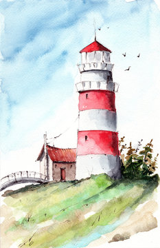 Watercolor picture of  a lighthouse  on the green hill with a small bridge and some trees